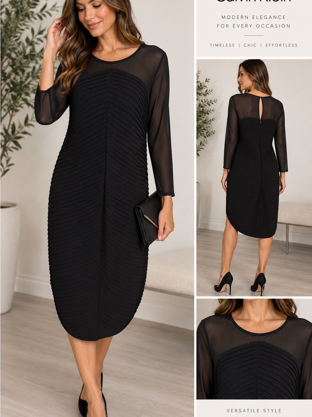 Black Sheer Sleeve Pleated Midi Dress - Brand